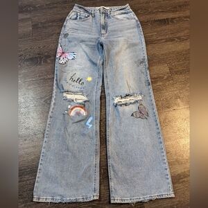 Tinseltown Butterfly Graphic Distressed Wide Leg High Rise Y2K Denim Size 8